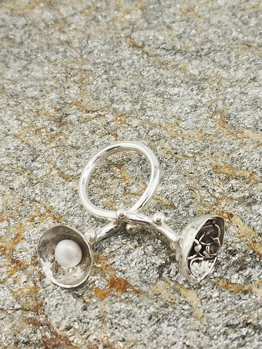 UNIQUE 2 FLOWER POT RING HANDMADE WITH STERLING SILVER AN A PEARL SIZE 8 - Picture 7 of 16